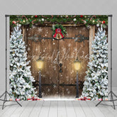 Lofaris Xmas Tree Retro Wooden Door Snowy Christmas Backdrop