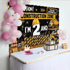 Lofaris Yellow and Black Construction 2nd Birthday Backdrop Little Builder Party Decor with Dump Truck and Crane Background