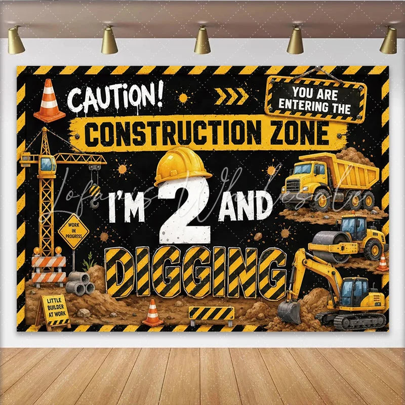 Lofaris Yellow and Black Construction 2nd Birthday Backdrop Little Builder Party Decor with Dump Truck and Crane Background