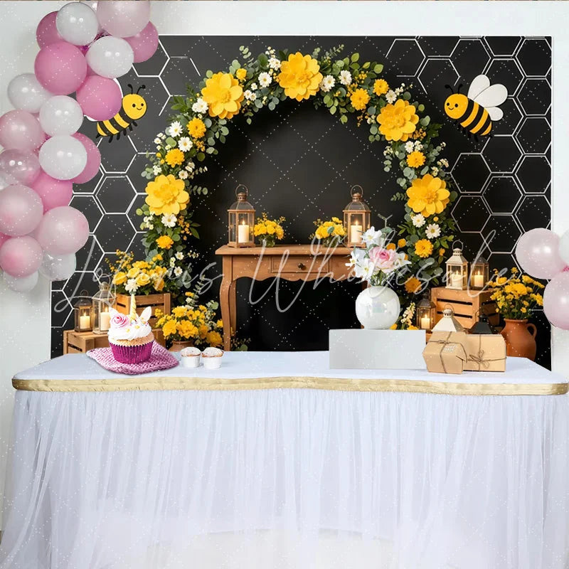 Lofaris Yellow Bee Baby Shower Backdrop with Honeycomb and Floral Arch Rustic Lanterns Photography Background for Party Decor