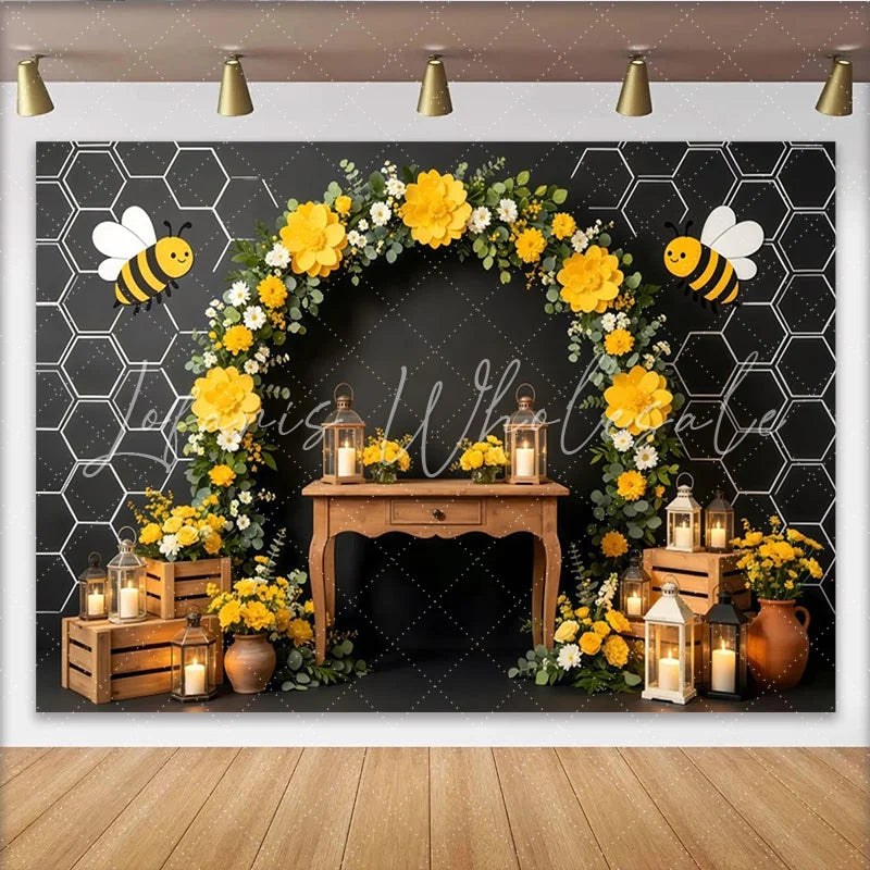 Lofaris Yellow Bee Baby Shower Backdrop with Honeycomb and Floral Arch Rustic Lanterns Photography Background for Party Decor