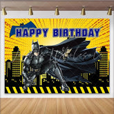 Lofaris Yellow Comic Superhero Birthday Backdrop with City Skyline and Bat Symbol Action Packed Party Background for Kids