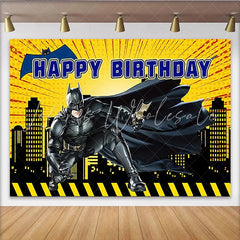 Lofaris Yellow Comic Superhero Birthday Backdrop with City Skyline and Bat Symbol Action Packed Party Background for Kids
