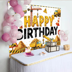 Lofaris Yellow Construction Birthday Backdrop with Excavator and Dump Truck Fun Party Decoration for Kids Photoshoot