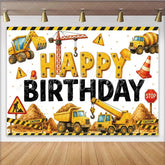 Lofaris Yellow Construction Birthday Backdrop with Excavator and Dump Truck Fun Party Decoration for Kids Photoshoot