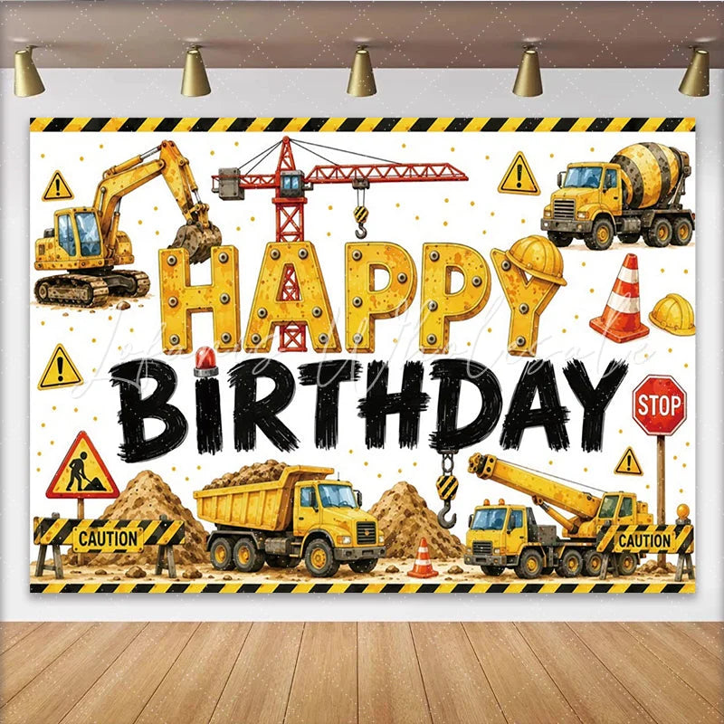 Lofaris Yellow Construction Birthday Backdrop with Excavator Crane and Dump Truck for Boys Party Industrial Theme Photo Background Decor