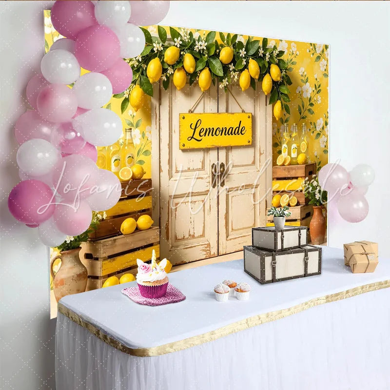 Lofaris Yellow Floral Lemonade Stand Photography Backdrop with Rustic Door Summer Lemon Theme Background for Studio Photoshoots