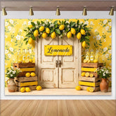 Lofaris Yellow Floral Lemonade Stand Photography Backdrop with Rustic Door Summer Lemon Theme Background for Studio Photoshoots