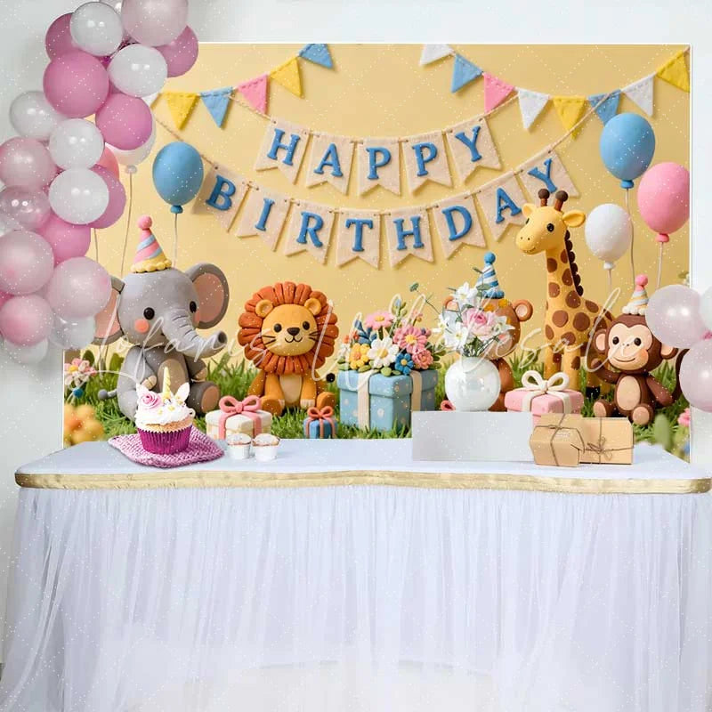 Lofaris Yellow Happy Birthday Backdrop with Cute Safari Animals Pastel Balloons and Gifts for Kids Party