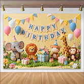 Lofaris Yellow Happy Birthday Backdrop with Cute Safari Animals Pastel Balloons and Gifts for Kids Party