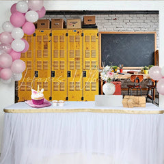 Lofaris Yellow School Locker Photography Backdrop with Blackboard and Wooden Desk Rustic Classroom Background for Student Portraits
