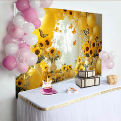 Lofaris Yellow Sunflower Photography Backdrop with Balloons and Butterflies Elegant Studio Background for Spring Photoshoot
