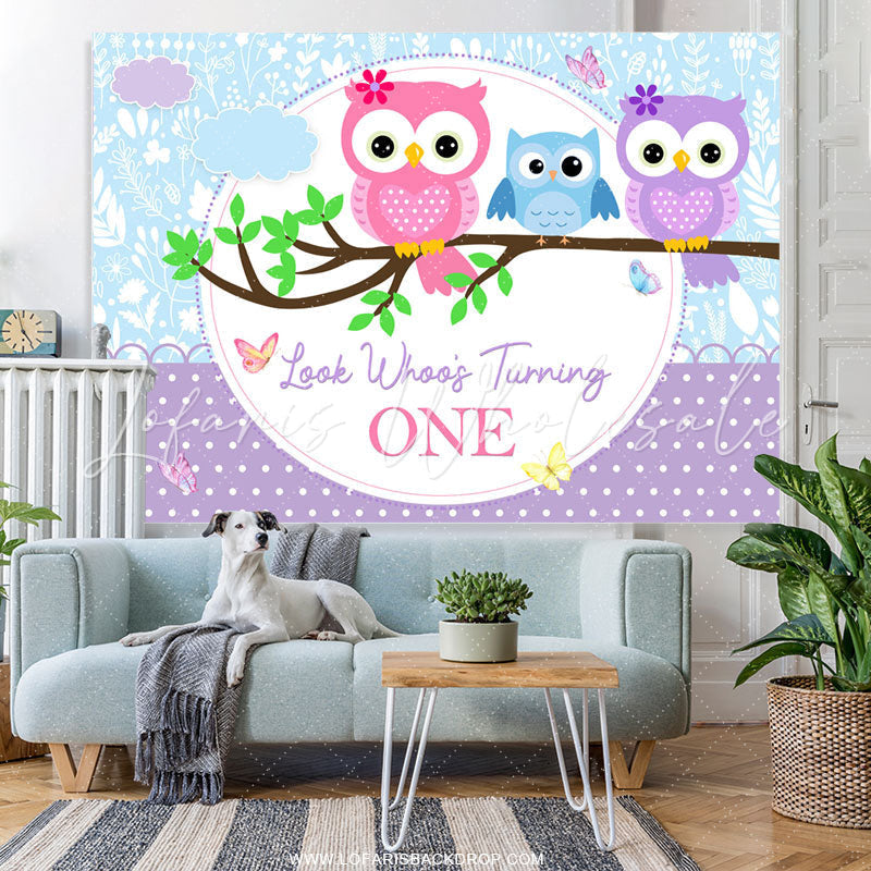 Lofaris Look Whoos Turning One Purple Blue Birthday Backdrop