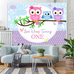 Lofaris Look Whoos Turning One Purple Blue Birthday Backdrop