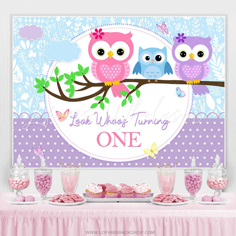 Lofaris Look Whoos Turning One Purple Blue Birthday Backdrop