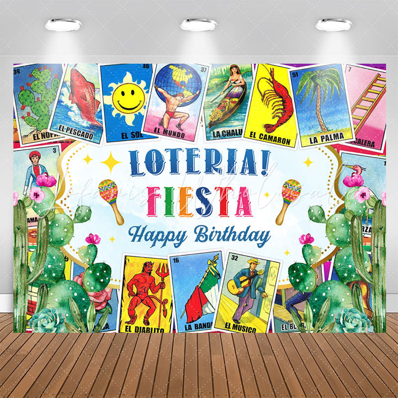Lofaris Loteria Fiesta Stamps Cactus Happy Birthday Backdrop