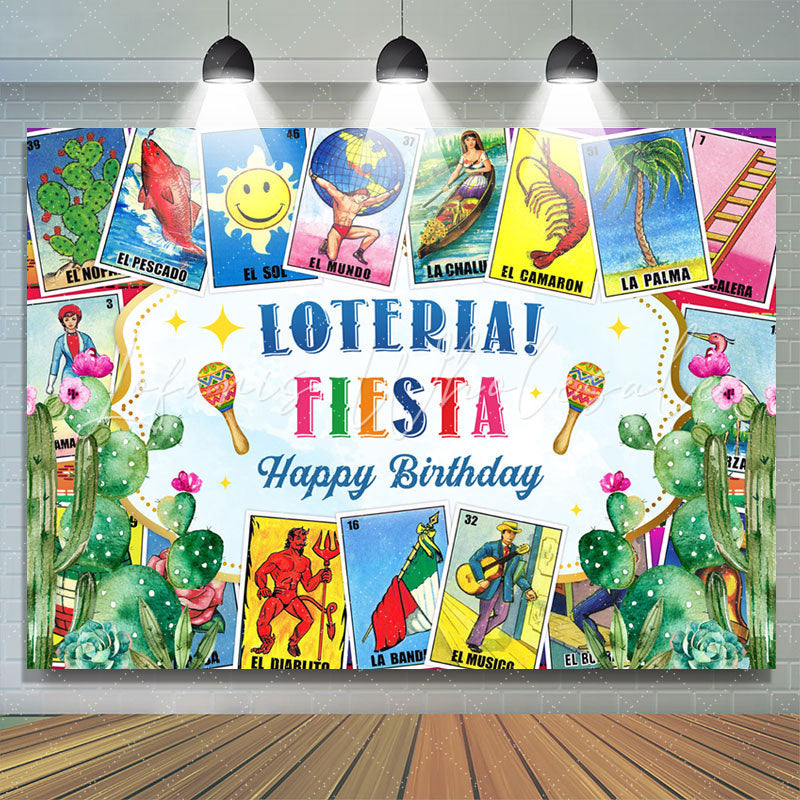 Lofaris Loteria Fiesta Stamps Cactus Happy Birthday Backdrop