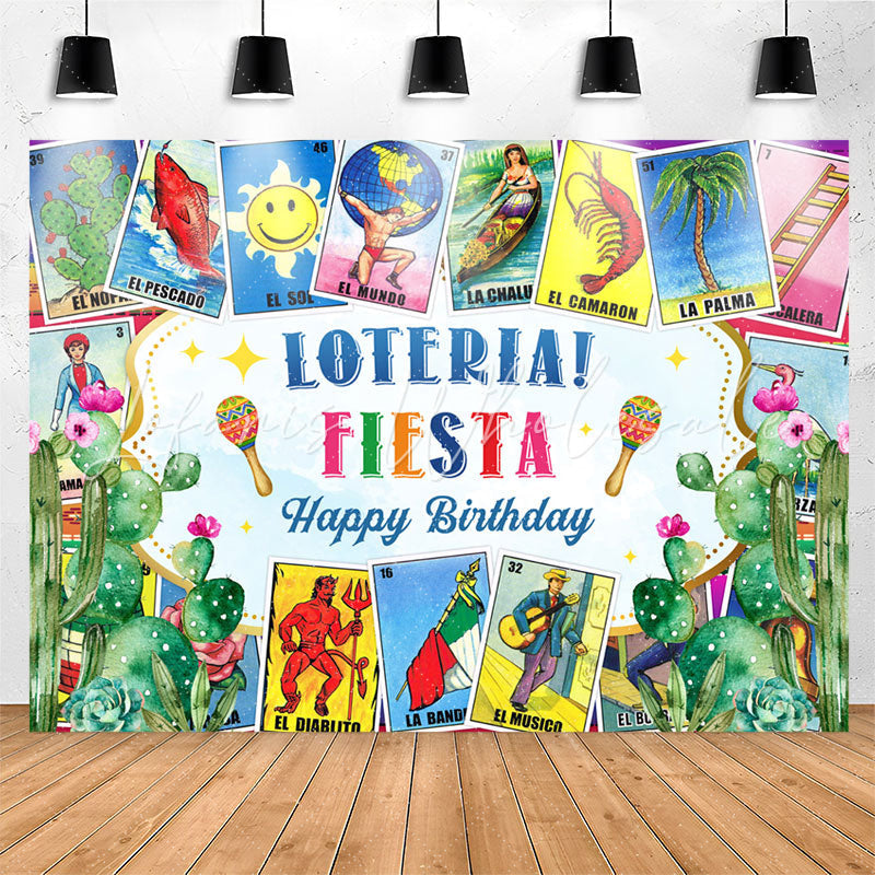Lofaris Loteria Fiesta Stamps Cactus Happy Birthday Backdrop