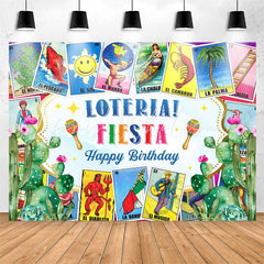 Lofaris Loteria Fiesta Stamps Cactus Happy Birthday Backdrop