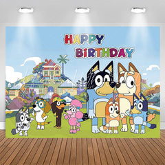 Lovely Cartoon Dogs Beautiful Town Birthday Backdrop