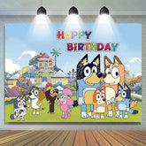 Lofaris Lovely Cartoon Dogs Beautiful Town Birthday Backdrop