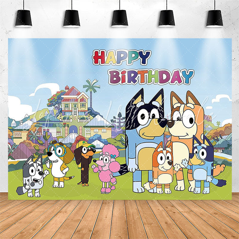 Lofaris Lovely Cartoon Dogs Beautiful Town Birthday Backdrop