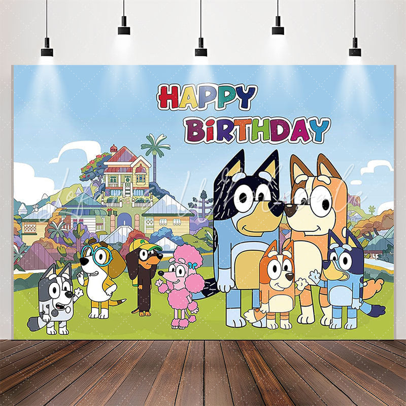 Lofaris Lovely Cartoon Dogs Beautiful Town Birthday Backdrop