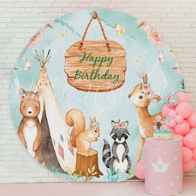 Lofaris Lovely Jungle Animals Floral Circle Birthday Backdrop