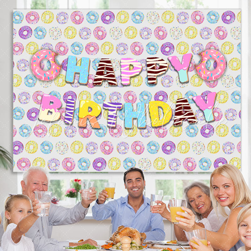Lofaris Lovely Sweet Donuts Themed Happy Birthday Backdrop