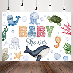 Lofaris Lovely Undersea Creatures White Baby Shower Backdrop