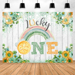 Lofaris Lucky One Rainbow Floral Wood 1st Birthday Backdrop