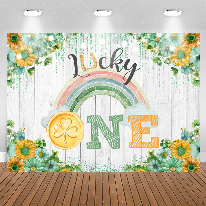 Lofaris Lucky One Rainbow Floral Wood 1st Birthday Backdrop