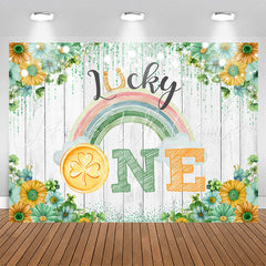 Lofaris Lucky One Rainbow Floral Wood 1st Birthday Backdrop