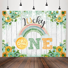 Lofaris Lucky One Rainbow Floral Wood 1st Birthday Backdrop