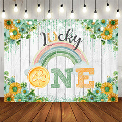 Lofaris Lucky One Rainbow Floral Wood 1st Birthday Backdrop
