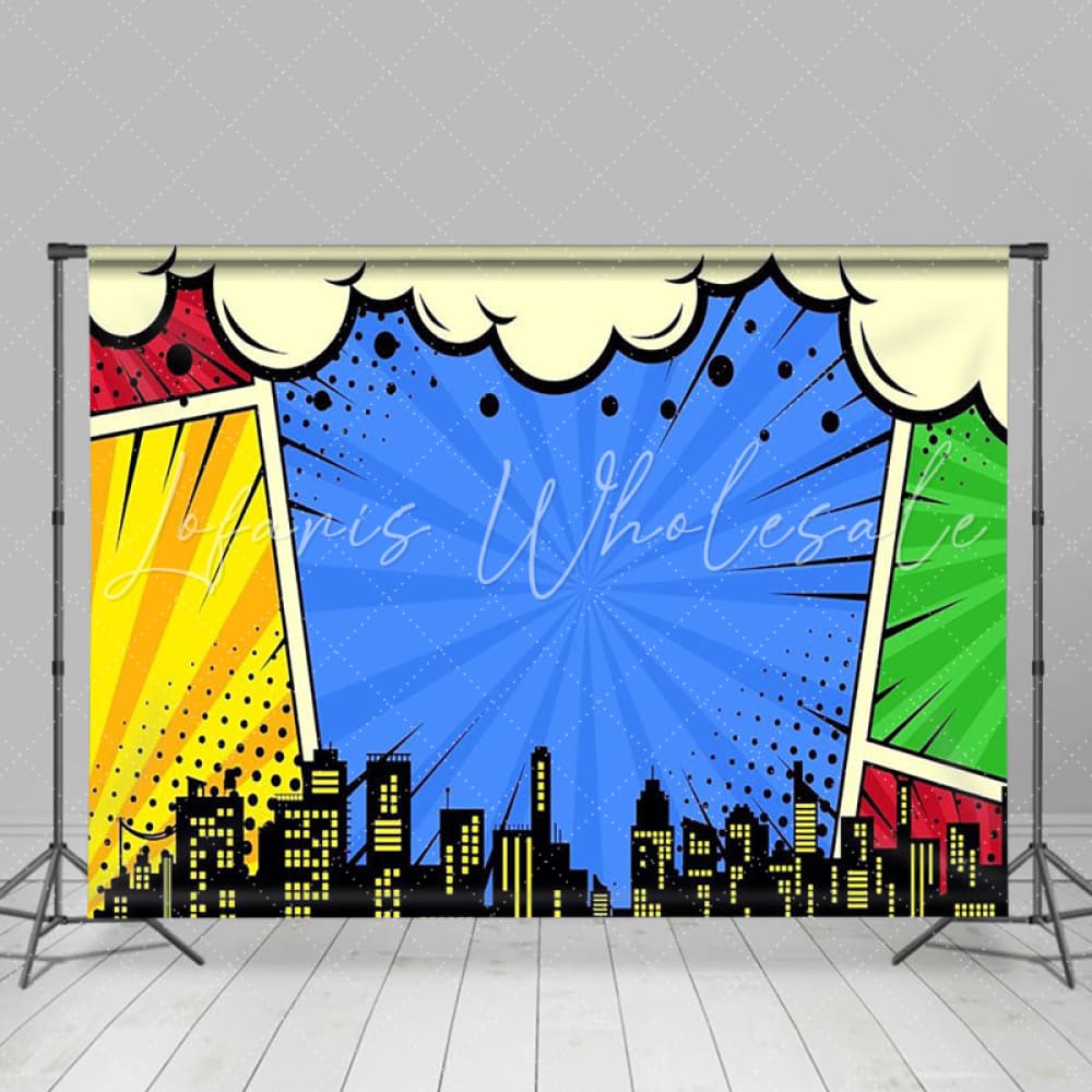 Marvel Colorful Skyline Super City Backdrop For Superhero Photoshoot