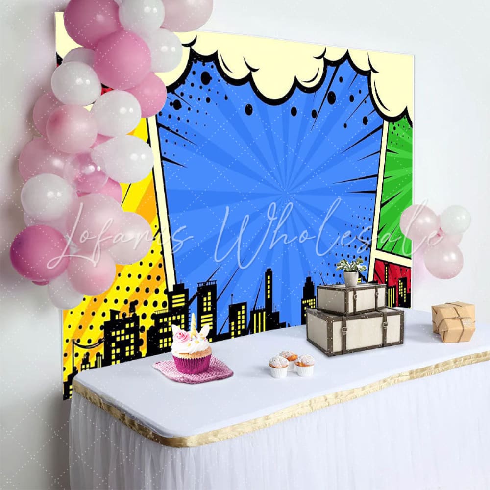 Marvel Colorful Skyline Super City Backdrop For Superhero Photoshoot