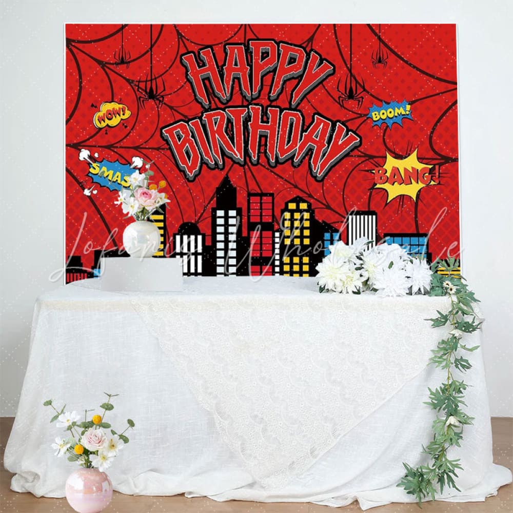 Marvel Red Spider Web Building City Birthday Party Backdrop
