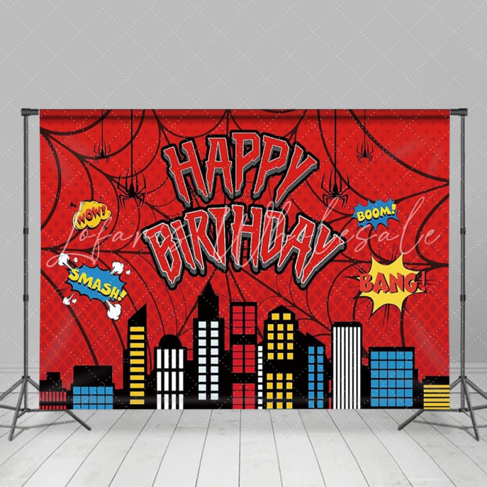 Marvel Red Spider Web Building City Birthday Party Backdrop