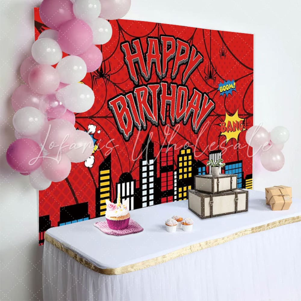 Marvel Red Spider Web Building City Birthday Party Backdrop