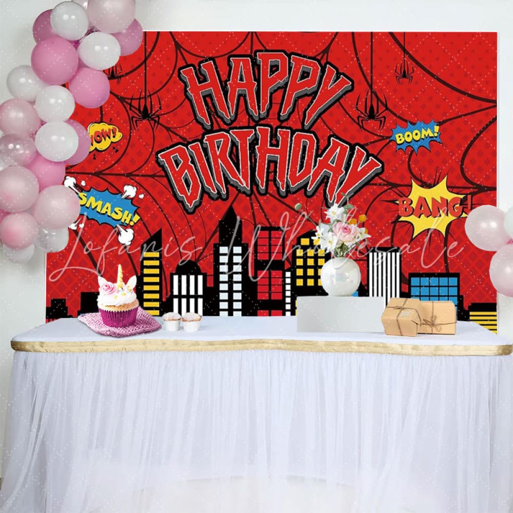 Marvel Red Spider Web Building City Birthday Party Backdrop