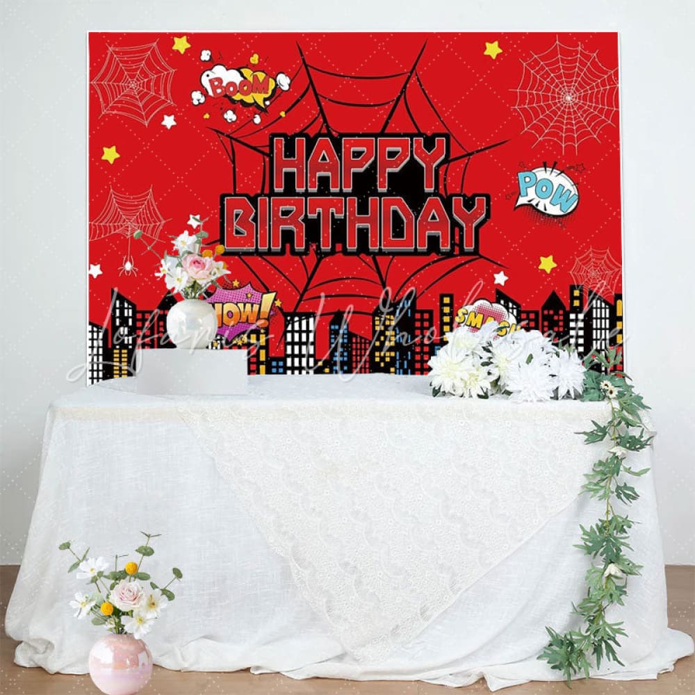 Marvel Red Spider Web Cartoon City Hero Theme Birthday Backdrop For Boy
