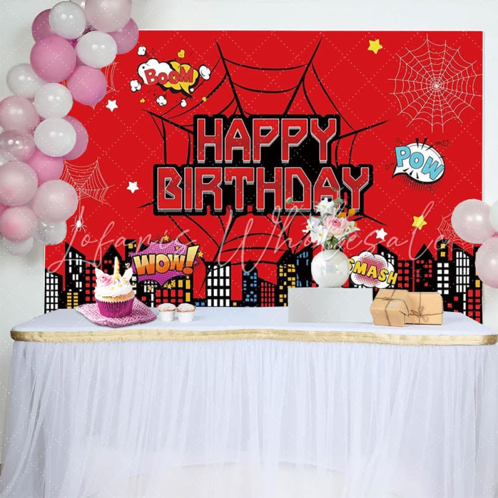Marvel Red Spider Web Cartoon City Hero Theme Birthday Backdrop For Boy