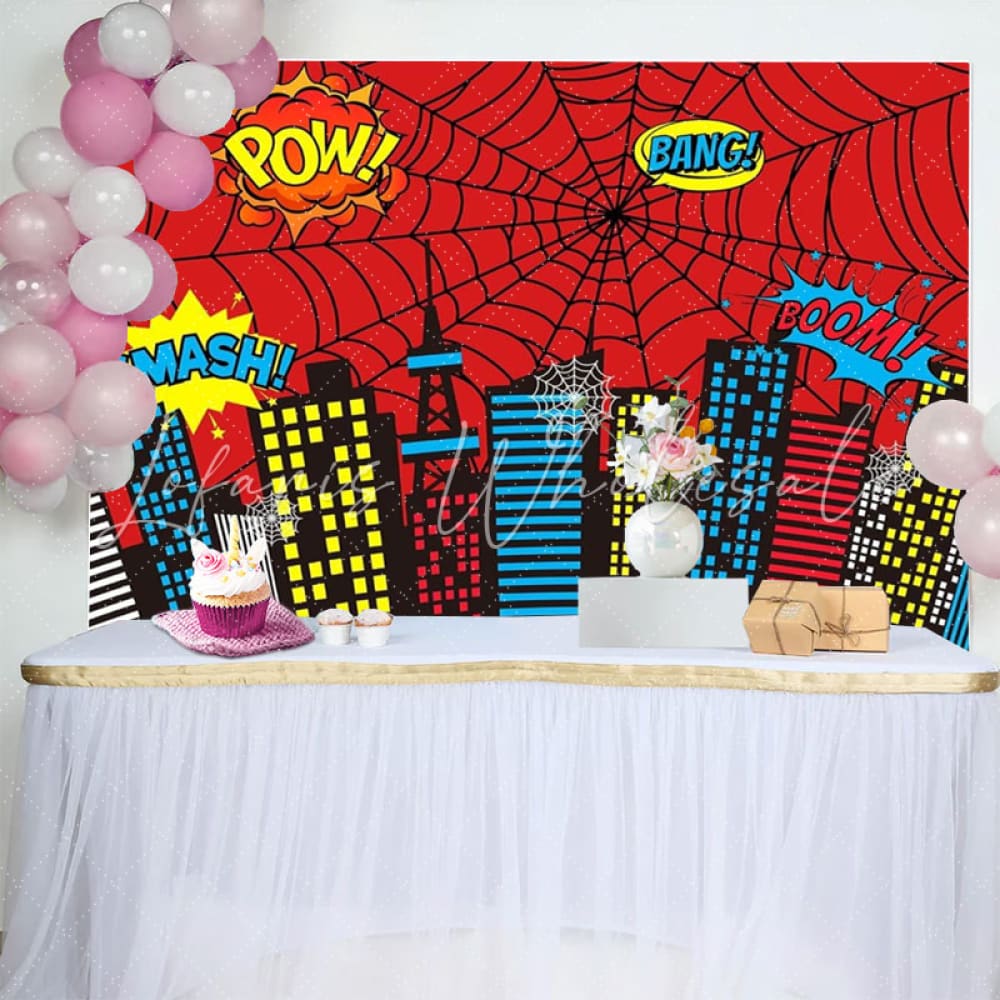 Marvel Red Superhero Cityscape Spider Web Buildings City Backdrop