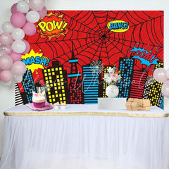 Marvel Red Superhero Cityscape Spider Web Buildings City Backdrop
