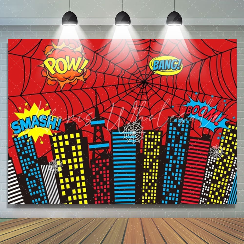 Marvel Red Superhero Cityscape Spider Web Buildings City Backdrop