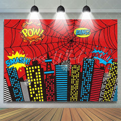 Marvel Red Superhero Cityscape Spider Web Buildings City Backdrop