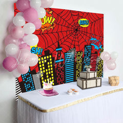 Marvel Red Superhero Cityscape Spider Web Buildings City Backdrop