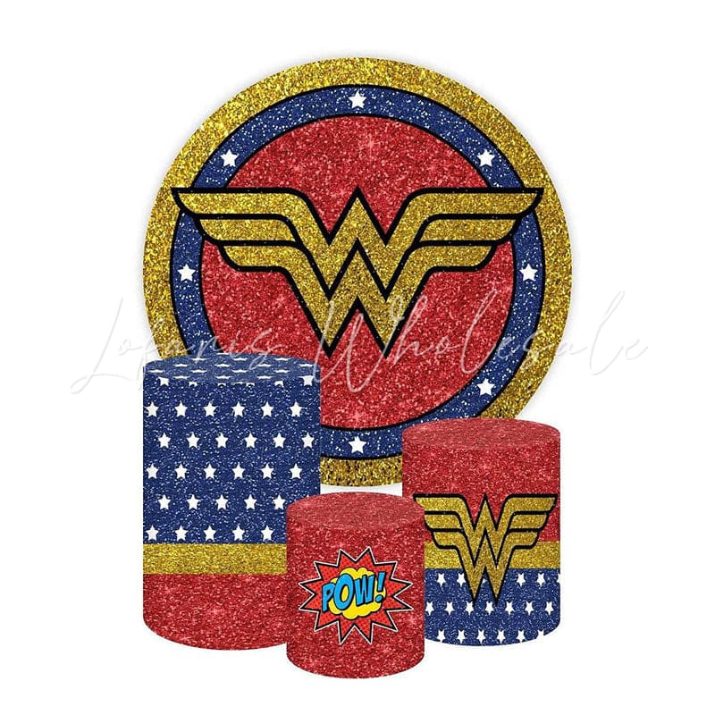 Marvel Wonder Woman Themed Round Backdrop and Cylinders Kit