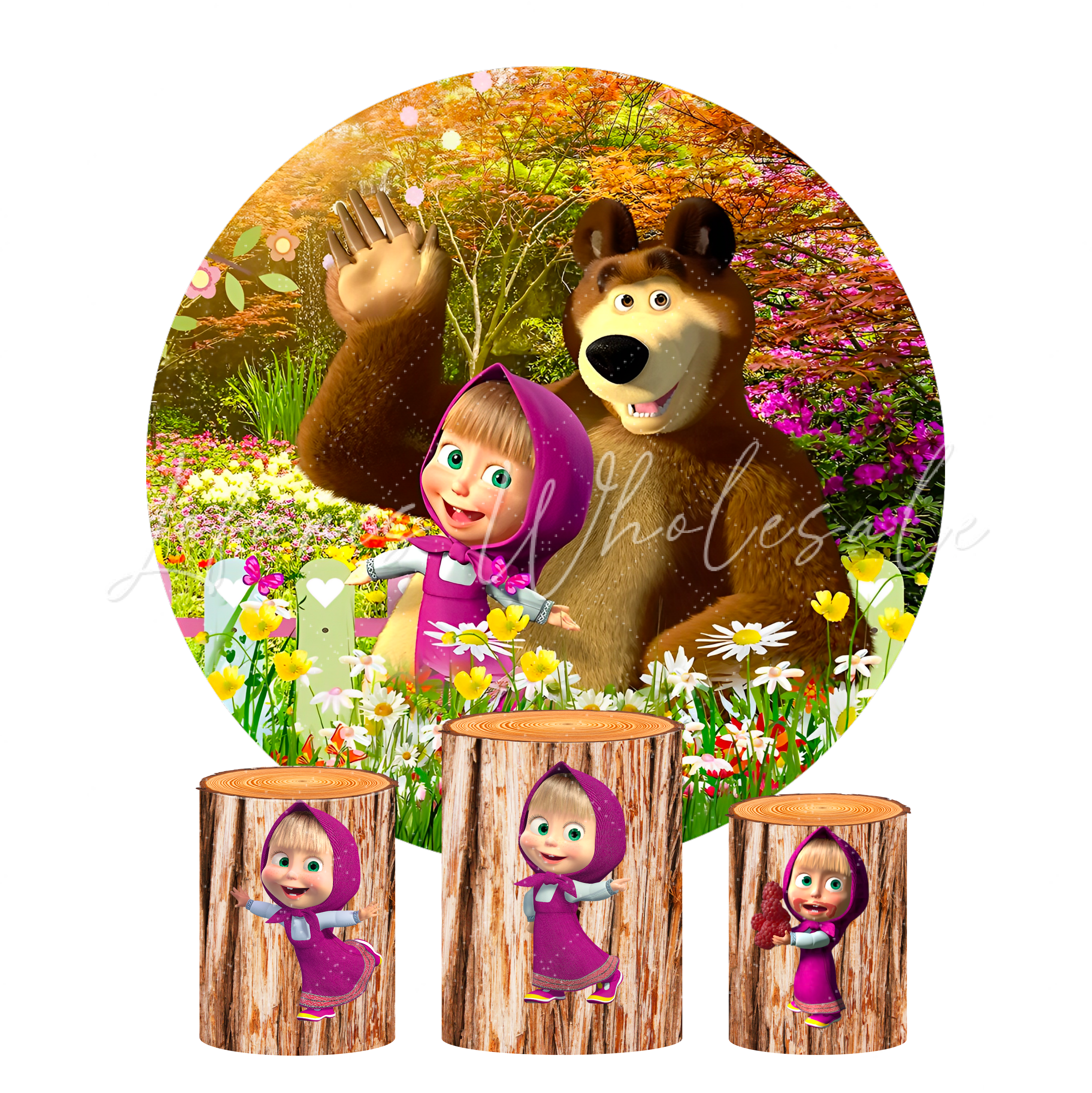 Masha And The Bear Birthday Party Round Backdrop Cover Plinth Cylinder Pedestal Cloth Cover